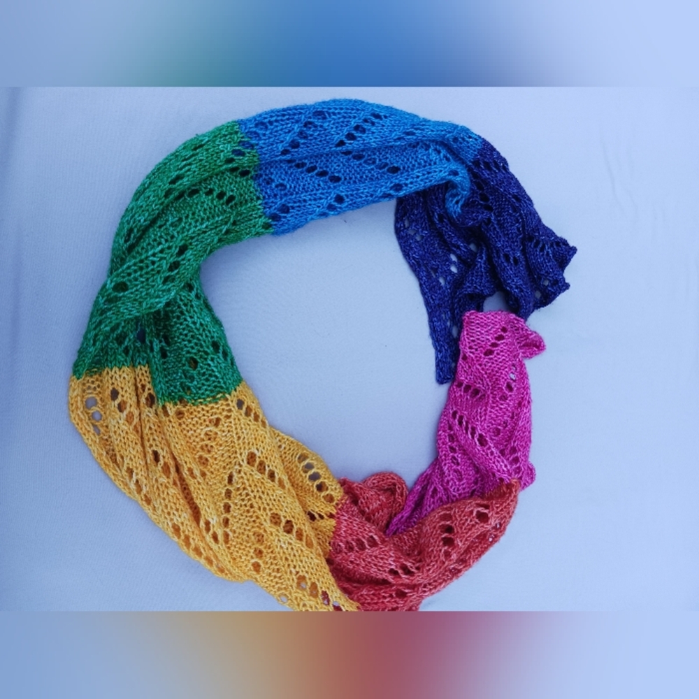 Rainbow Handknit Scarf/Wrap, 100% merino wool, reversible